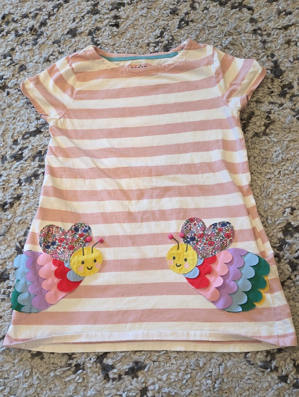 Mini Boden Girls Pink & White Striped Butterfly Appliqué Tee/ Dress Size 11-12 Y